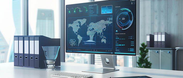 Büroschreibtisch mit Notebook, Monitor und ICT-Hardware-Kartons als Symbol für digitalen ICT-Einkauf