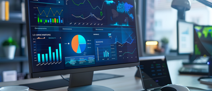 Eine moderne Computer-Arbeitsstation mit visualisierten Datenanalysen für die IT-Branche