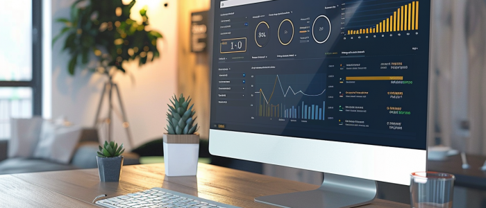 Arbeitsplatz mit Computerbildschirm, der ein digitales Beschaffungs-Dashboard für IT-Reseller zeigt