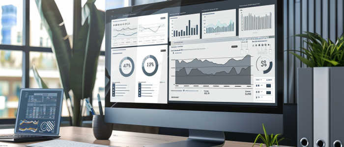 Ein moderner Büroarbeitsplatz mit grossem Bildschirm, der ein ERP-Integrations-Dashboard anzeigt.